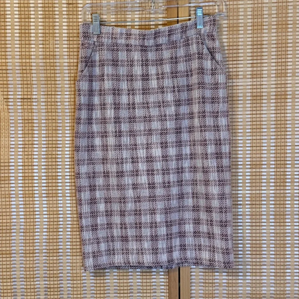 Kate Kasin Pink Plaid Tweed Pencil Skirt Pockets Medium High Waist Business Wear